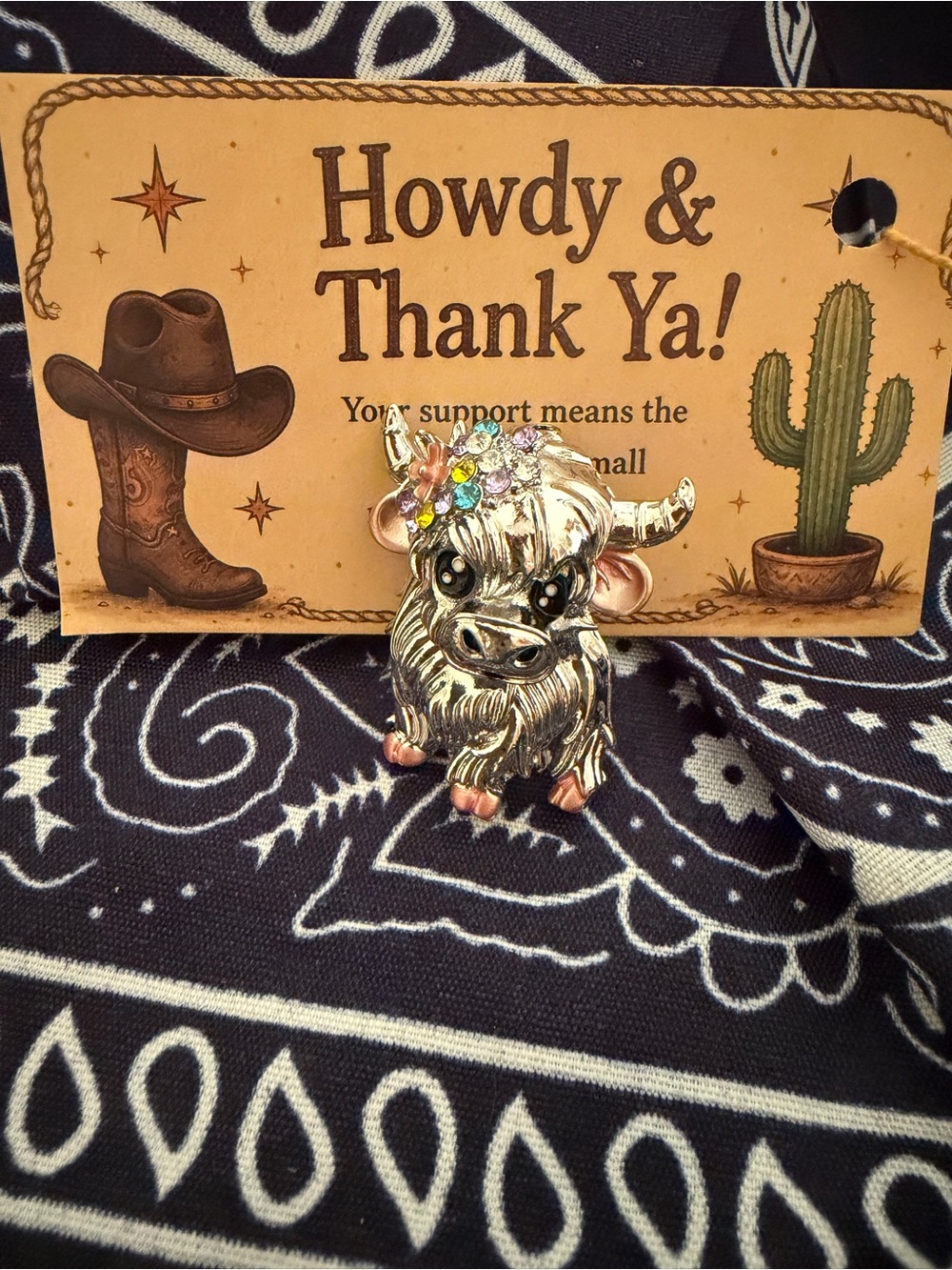 Rhinestone Highland Cow Pin Brooch - Silver Tone with Pink & Multicolor Accents